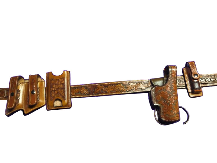 (image for) Hand Carved Gun Belt, Holster, Double Clip Pouch, Leatherman & Phone Cases